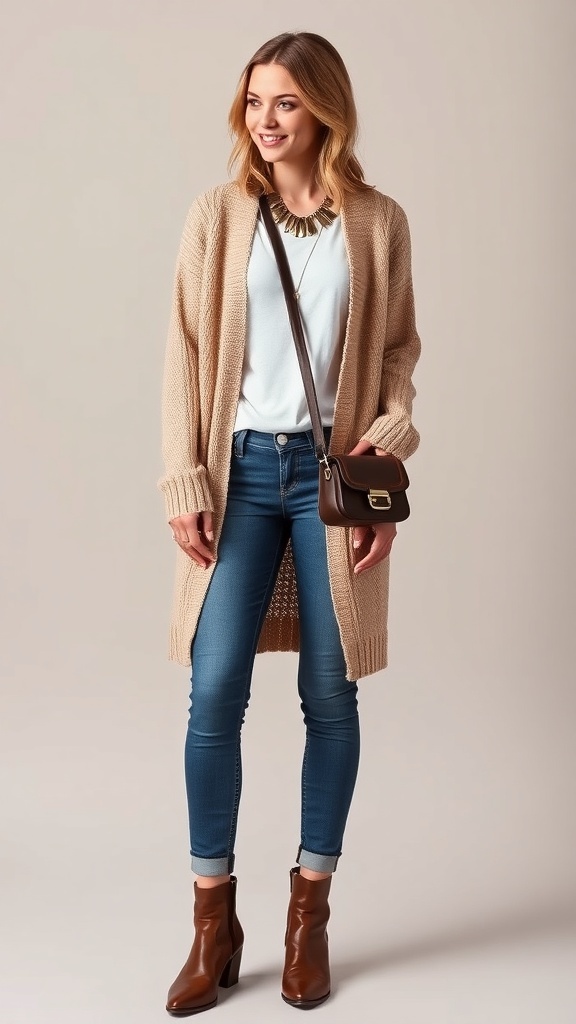 A stylish oat knit cardigan outfit featuring a white t-shirt, high-waisted jeans, and ankle boots, accessorized with a necklace and bag.